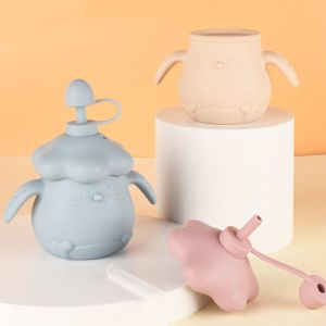 GVDSFVD Cartoon Shape Baby Training Cup Leakproof Creative Baby Silicone Feeding Cup Gifts Double Handles Drinking Cups with Straws Liquid Feed