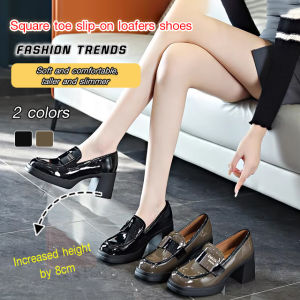 guibai Square toe fashionable womens shoes versatile high-heeled shoes casual thick-heeled leather shoes
