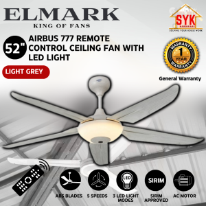 SYK Elmark Airbus 777 52" Black White 5 Speeds 5 Blades Remote Control With 3 Modes LED Light Ceiling Fan Kipas Siling