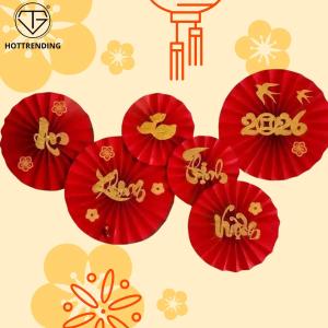 Sét 6 quạt giấy đỏ gấp sẵn nhiều mẫu trang trí tết party decor nhà cửa bền chắc