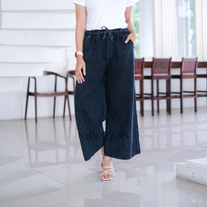 NHN JEANS - Jeans Kulot Bawah Lipat Snow Blue Snow Black Pinggang Full Karet Variasi Tali Aktif Size L XL XXL / CELANA JEANS KULOT BAWAH LIPAT JEANS DEWASA