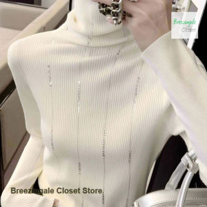 ซูเวอร์คอสูงประดับเพชรสไตล์เกาหลีสำหรับผู้หญิง ฤดูใบไม้ร่วงและฤดูหนาว แฟชั่นใหม่พร้อมเสื้อซับในและเสื้อทรงเข้ารูป