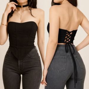 JOZIAH Tube Crisscross Back Tie Top Fitted Backless Corset Style Sleeveless Casual to Trendy Summer Top for Women with Unique Crisscross Design