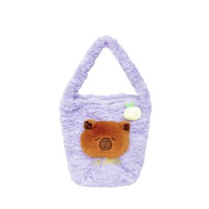 CRNGW Embroidered Capybara Bucket Bag Plush Large Capacity Cartoon Storage Bag All-Match Polyester Furry Handbag Women