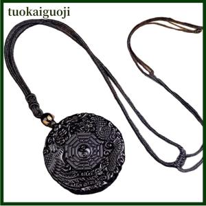tuokaiguoji Natural Black Obsidian Hand Carved Chinese Dragon Phoenix Bird Amulet BaGua Necklace For Women Men Luck Mascot Amulet Pendant