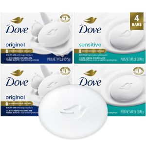 Dove Beauty Bar Soap Variety 4-Pack (Original + Sensitive Skin) 2.6 Oz Ea    Dove Soap Bars with ¼ Moisturizing Cream for Soft Skin    Original Scented 2-Pack + Sensitive Skin Fragrance-Free 2-Pack