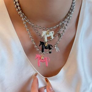 LEKGAVD Silver Enamel Colt Horse Pendant Necklaces Alloy Plated Zodiac Animal Necklaces Party Accessories Funny Beads Chain Chokers for Women