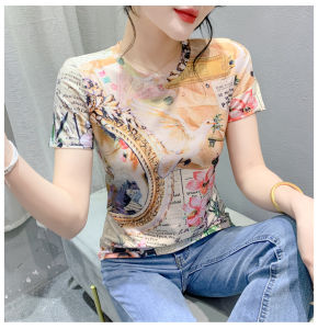 Ammin 2024 mùa hè thời trang vui vẻ động vật in graffiti Áo phông ngắn tay phụ nữ phong cách Hàn Quốc cổ tròn in hoa cổ điển thường Nhật Ghép mảnh cộng với kích thước áo blouse thanh lịch