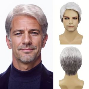 STARGOODS ผสมสีเทาและขาว วิกผมผู้ชายแฟชั่น คอสเพลย์ ซินเธติก ทรงผมตรงสั้น หัวเต็ม หล่อ ชิ้นผมทูเป้แบบหลายชั้น งานปาร์ตี้แต่งตัว