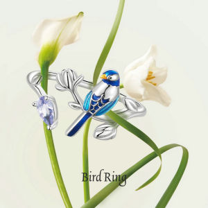 BAMOER 925 Sterling Silver Exqusite Blue Bird Ring for Women Fine Jewelry Dainty Leaf Open Ring Fashion Wedding Gift BSR288