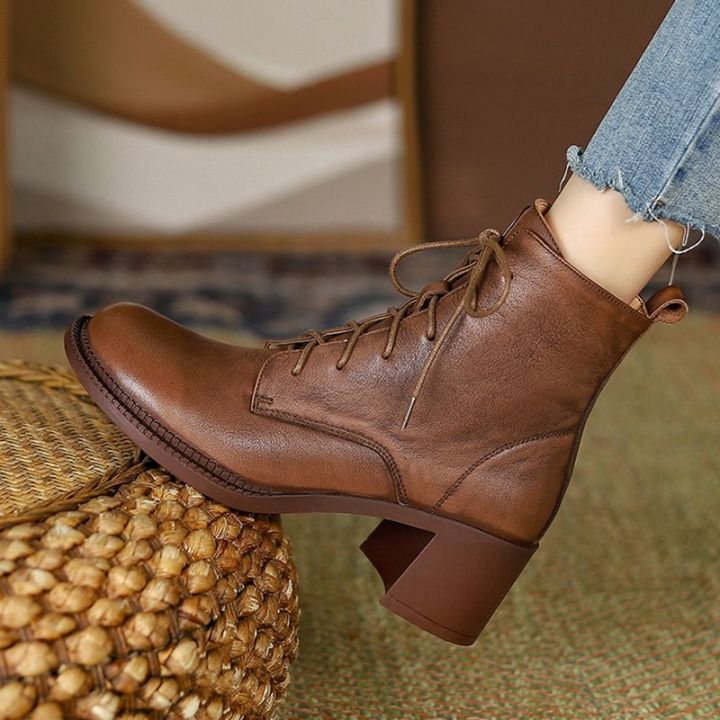 Leather Martin Boots Ladies High-top Thick Heel Fashion Boots Round Head  Retro Martin Boots Lazada PH - Main Image