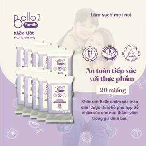 Combo 10 Gói Khăn Ướt Bello Family 20 Tờ Hương Dịu Nhẹ Không Cồn Vitamin E Nha Đam An Toàn Cho Gia Đình