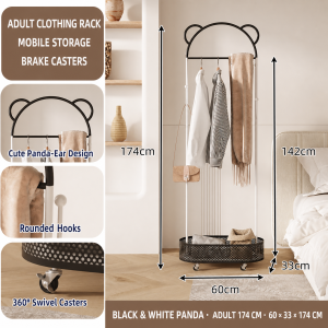 【Fireheart Warrior】 YANASO Mobile Clothes Rack Bear Ear Garment Stand Storage Basket Hooks Brake Casters Kids Adult