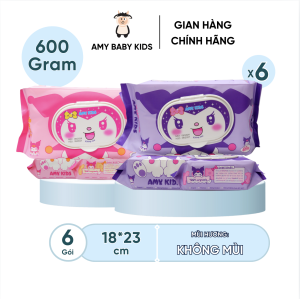 [Mua 5 tặng 1] 6 Gói Khăn Giấy Ướt 600Gr Amy Kids Không Mùi An Toàn Cho Bé Gói Hồng & Tím