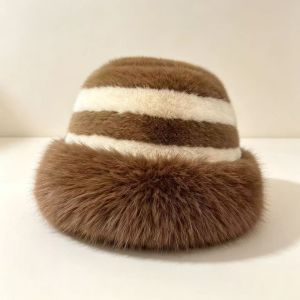 CLARON Có sọc. Mũ len Bucket Vành rộng Đã được làm dày Mũ lông giả Quà tặng Thanh lịch Mũ Trapper mùa đông Mùa đông
