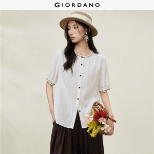 Giordano Women Embroidered Round Neck Texture Woven Short Sleeve Shirt - Stylish & Durable Free Shipping 18346704