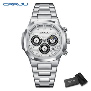 CRRJU Jam Tangan Pria Keren Bercahaya besi tahan karat Anti Air Sports Kalender Kronograf 2309