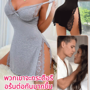 💖ชุดนอนเซ็กซี่ลูกไม้ขอบผ่าข้างพร้อมสายรัดถุงน่องลูกไม้แบบเปิดหลัง Pure Desire ชุดนอนผ่าสูงสำหรับผู้หญิง สไตล์ใหม่