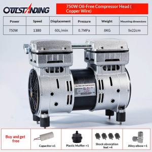 Silent Oil‑Free Air Compressor Head 550‑1500W Copper Wire Motor Cast Iron Air Pump Head for Hardware Tools