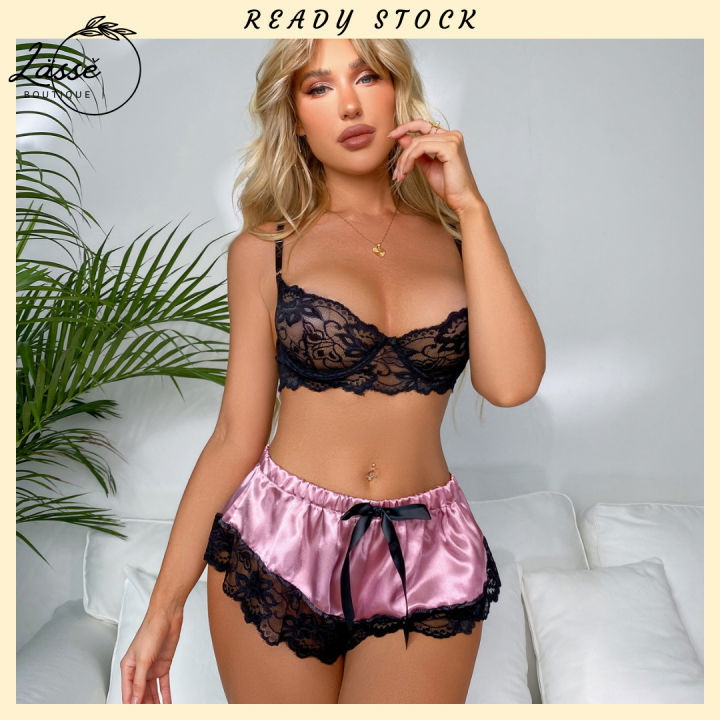 LASSE Lace Bra and Satin Shorts 2 Piece Set | Large Size Sexy Lingerie Euro  Style Underwear Casual Pants Nightwear | Baju Dalam Wanita