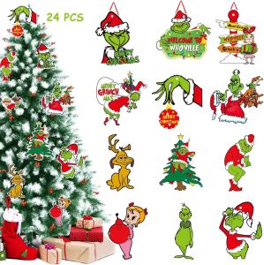 [COD] 36  Christmas lime green red Christmas tree decorations Grinch wood carving tags hanging Christmas decorations