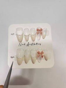 [5in1 Toolkit+HANDMADE]Creamy French gradient pearl pink bow Artificial Nails Almond shape Fake Nails With Glue Phototpy Nails Press On Nails Reusable Waterproof