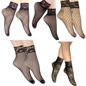 5 cặp thoáng khí nylon viền ren Vớ qua mắt cá chân thiết kế lưới dọc cho Phụ nữ mùa hè Fishnet khuôn mẫu vớ ngắn Hàng dệt kim