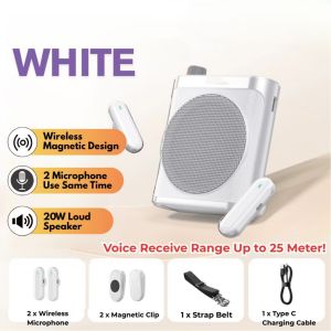 Voice Amplifier with 2pcs Wireless Lapel Microphone for TeachersLong Battery Portable Speaker/USB Player/Bluetooth Speaker 3-in-1 System for TeachingGuidesSpeechMeetingYogaCoach