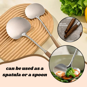 Stainless Steel Mushroom Shaped Cooking Spatula with Wood Handle 34.5x11 cm Non-Slip Grip Multi-Functional Kitchen TooL