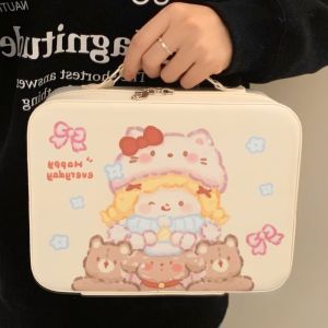 Túi Cốp Đựng Đồ 24cm Họa Tiết Cute Có Gương Và Quai Xách Hộp Đựng Đồ Makeup Chữ Nhật Chất Liệu Da PU Chống Thấm Nước