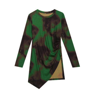 REHIN Womens top Green tie-dye print irregular round neck long sleeve T-shirt thin elegant blouse