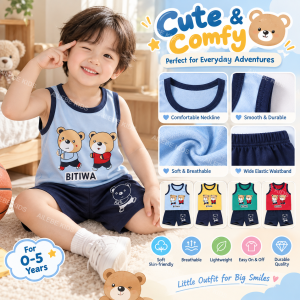 AILEBE Kids Sets Terno Combed Cotton Short Sleeve Top And Shorts 2Pcs Set Soft Breathable Skin-Friendly Wide Elastic Waistband Shoulder Buttons 3D Cutting Casual OOTD Pambahay Panglakad Daily Wear 0-5 Years