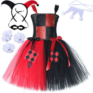 Red Black Clown Halloween Costume for Girls Circus Performance Fancy Dress for Kids Carnival Party Outfit Children Joker Clothes2026