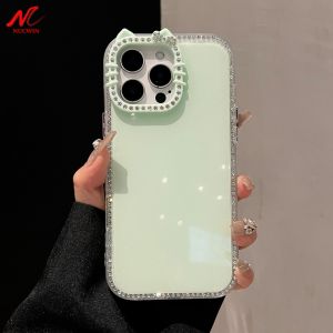 Cute Cat Ear Bling Diamond Case for iPhone 14 15 16 17 Pro Max Air 13 12 11 Glitter Shockproof Soft Cover for iPhone 16 15 Plus