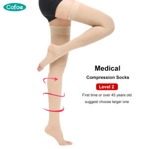 Cofoe 1 Pair Thigh Compression Socks Level 2 Varicose Sock 23-32 mmHg Pressure Open Toe Leggings Compression Stockings for Men Women Anti-varicose Veins Eliminate Edema