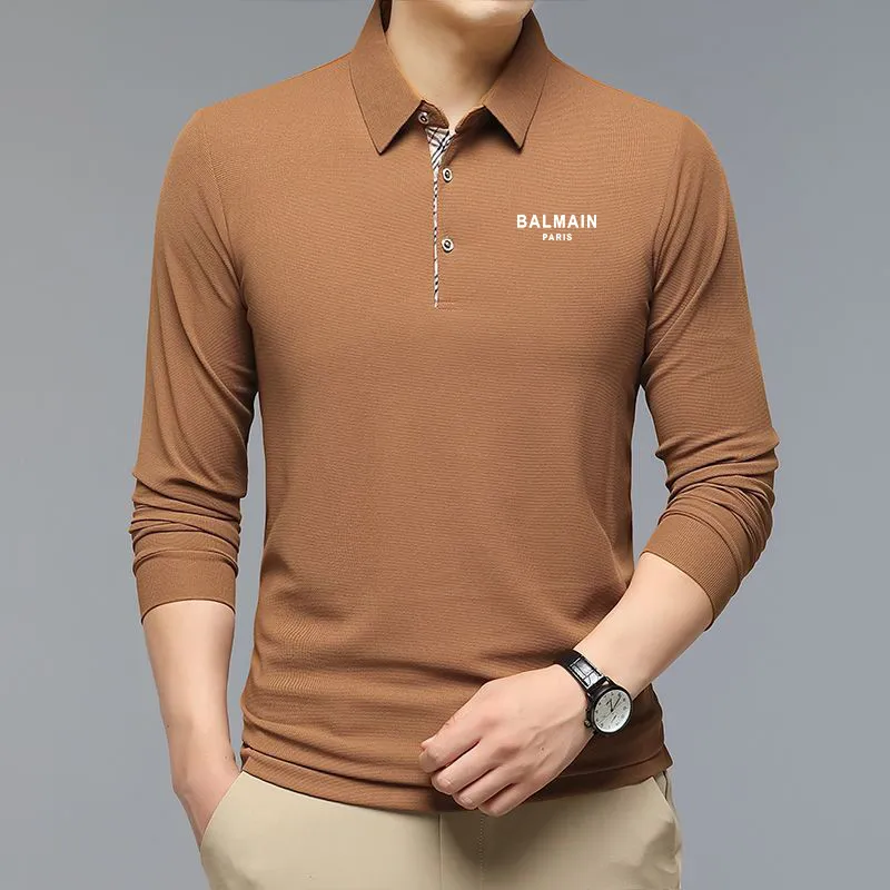 Original BALMAINˉPARIS Men's Spring and Autumn Long-sleeved Polo Shirt  Business Casual Lapel Pure Cotton Bottom Sweater Loose Long-sleeved T-shirt - Main Image