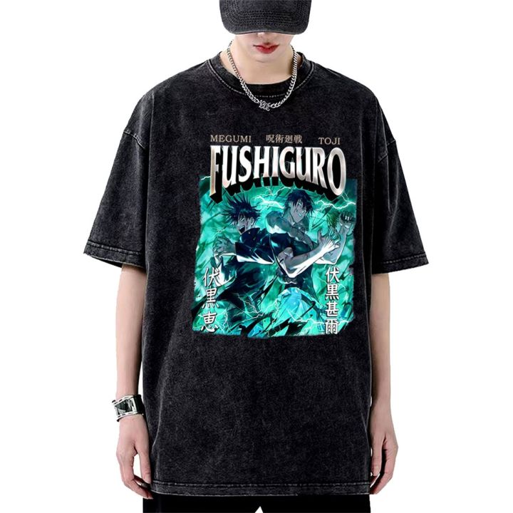 เสื้อยืดคอกลม2023 Hot Jujutsu Kaisen Megumi and Toji Fushiguro Anime T-Shirt Black Washed T-Shirts S-5XL