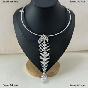 [COD] SweetBabiese Novelty Design Alloy Big Fish Bone Pendant Choker Necklace For Women Fashion Exaggerated Necklace Jewelry Accessories Gift
