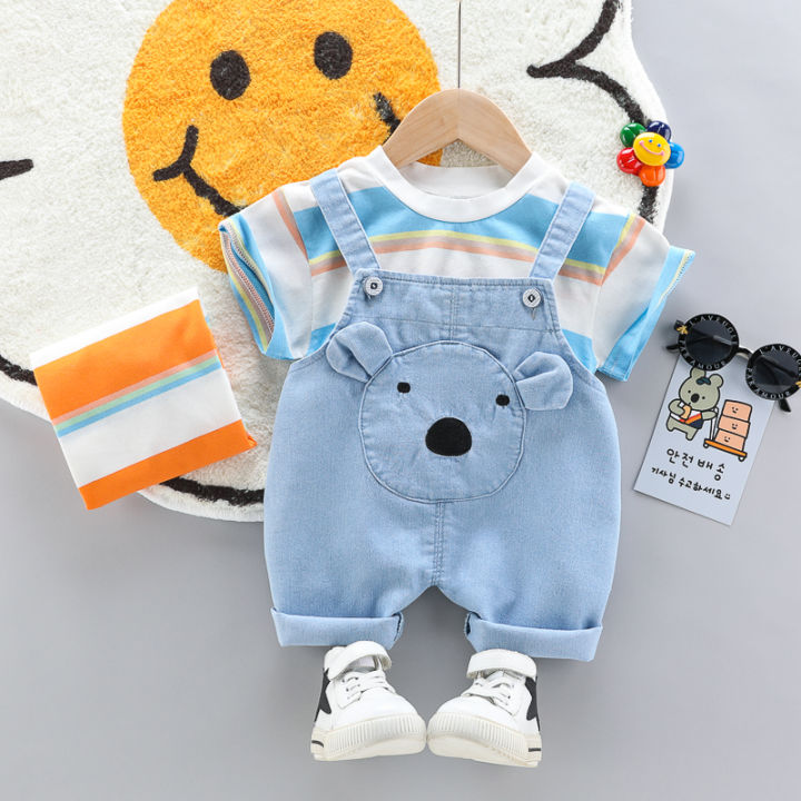 Children Short sleeve Pure cotton Denim Fashion Children's clothing Boy  Girl Baby Summer Clothes tide The New Suit Western style Fashionable Thin 