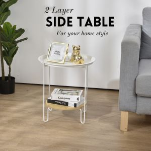 Locaupin Minimalist  Two Layer Side Table Round Coffee Table Wooden Storage for Living Room Bedroom Balcony