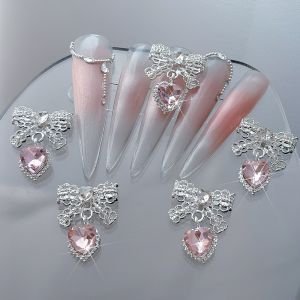 KEYOOL 5Pcs Rhinestonesl Nail Charms Shiny Silver Lace Bow Nail Rhinestones Cute Alloy Materia Bow Pendant Nail Decor Nail Art