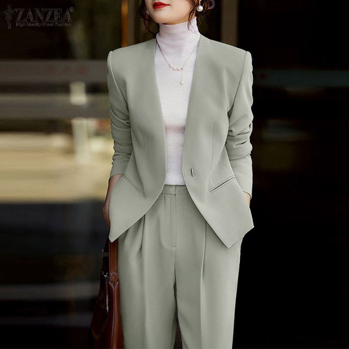 Zanzea Korean Style Womens Formal Sets Long Sleeve Blazer Zip Up Straight Pant Office Ladies 8788