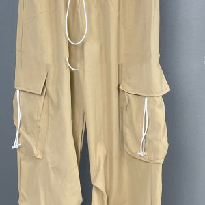 Quần ống rộng túi hộp eo dây rút vải kaki phong cách màu trơn 123