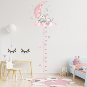 Large Sleeping Elephant Bear Moon Height Measure Wall Stickers for Kids Room Growth Chart Animals Ruller Wall Decals Home Decor