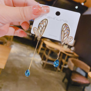 Frascati Korean New Asymmetry Crystal Butterfly Wings Long Tassels Earrings Fashion Temperament Versatile Earrings Female Jewelry Gift