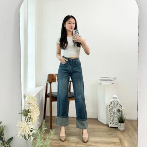 Celana Panjang Wanita High Waist Jeans Baggy Jeans Lipat Bawah Biru Retro | [BAYLE] - 1057 SB JEANS