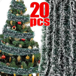 20Pcs Christmas Green Tinsel Garland Ribbons Ornament Bar Tops Ribbon Garland Xmas Tree Hanging Pendent Wreath Cane Ribbon Dark Green Cane Tinsel Garland Xmas Tree Ornaments Party Supplies