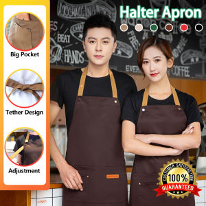 Halter Neck Apron Kitchen Apron Waterproof Oilproof Coffee Shop Fashion Adult Apron with Storage Bag Dapur Kitchen Supplies 围裙