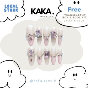 【 Ready Stock】KAKAnails Pure Handmade Shiny Angel Diamond Almond Fake Nails Press-on DIY Kuku Palsu 天使镶钻杏仁穿戴甲片可拆卸 KK013
