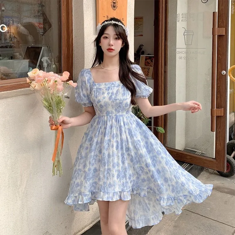 Floral Chiffon Dress Women Korean Style 2022 Summer New Square